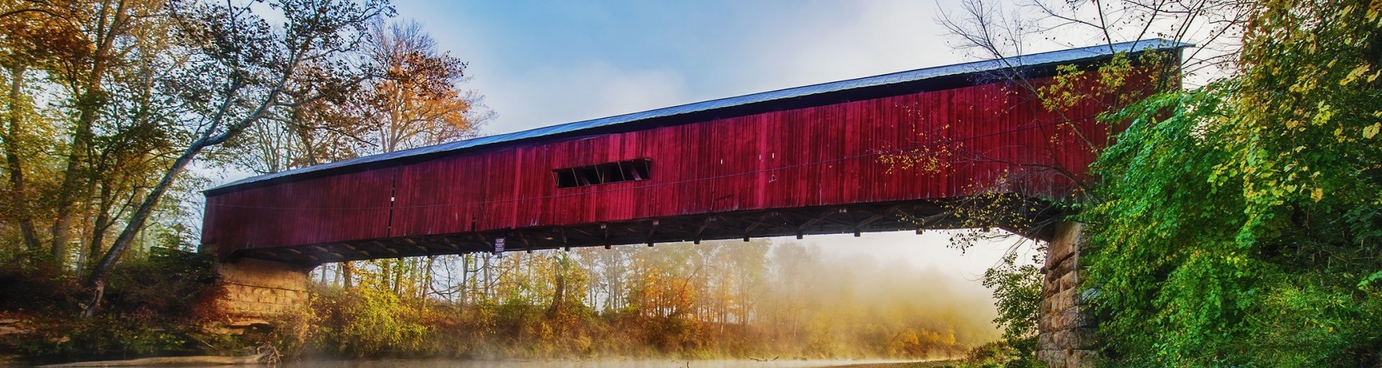 Cox Ford Covered Bridge and early morning fog